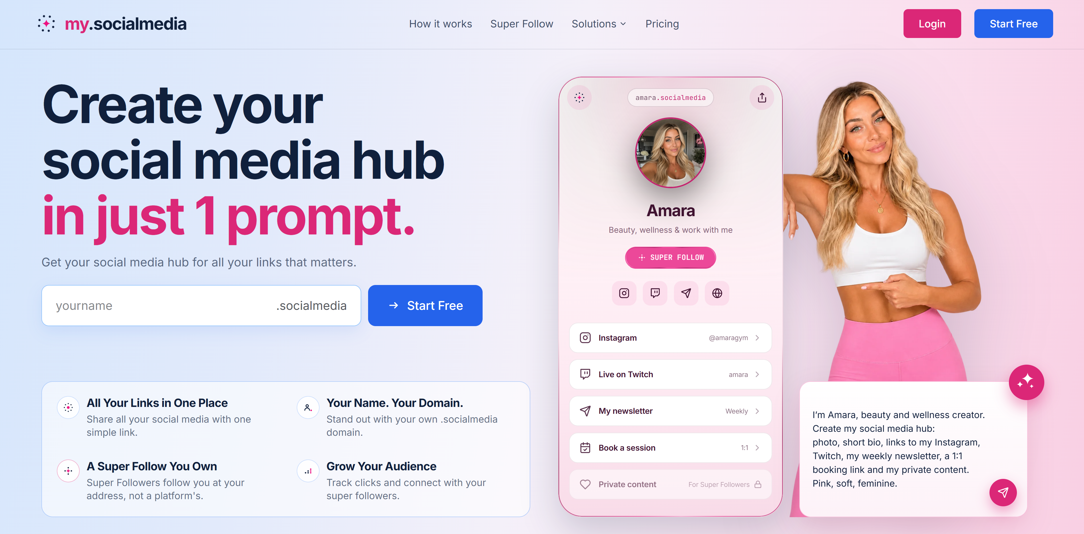 my.socialmedia: a domain search field for yourname.socialmedia next to a preview of the resulting hub page, with a profile photo, handle, and buttons linking to each social account, a store, and a contact page.
