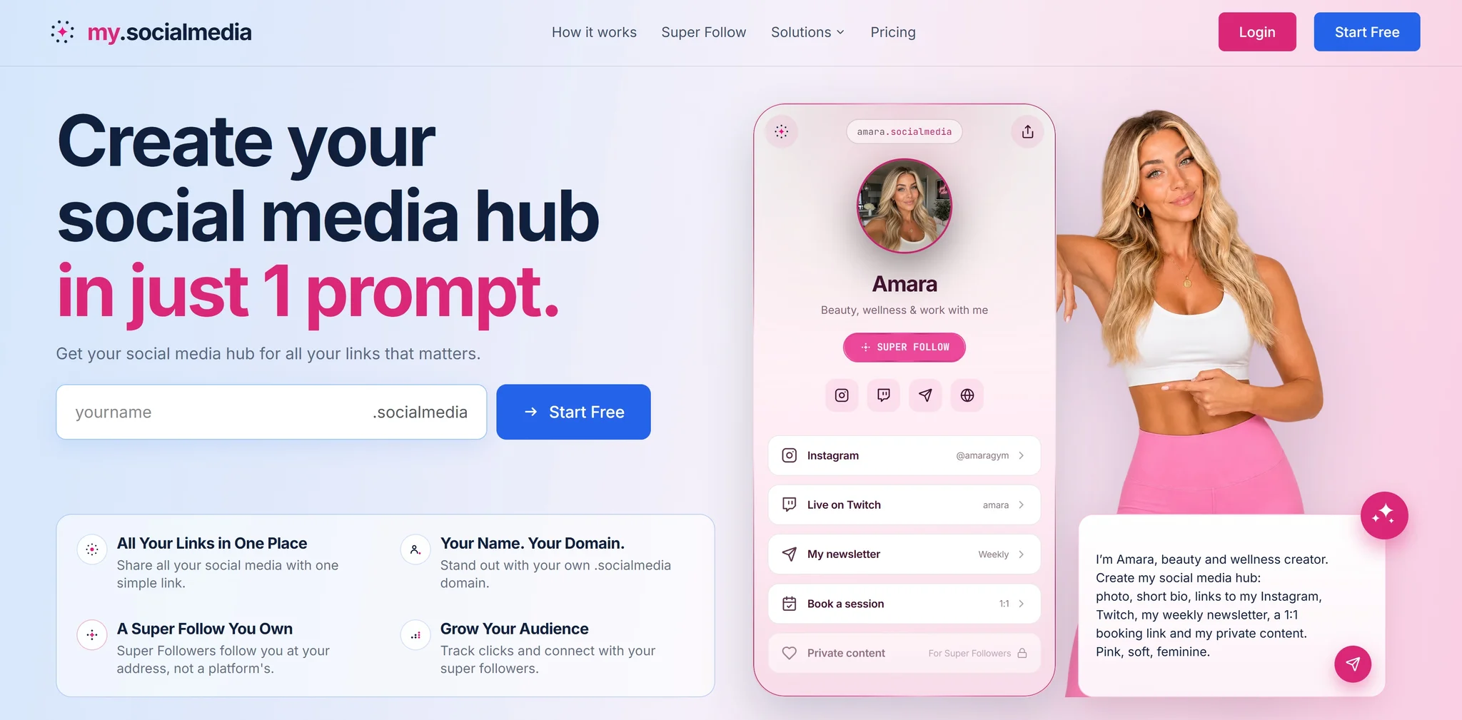 my.socialmedia: a domain search field for yourname.socialmedia next to a preview of the resulting hub page, with a profile photo, handle, and buttons linking to each social account, a store, and a contact page.
